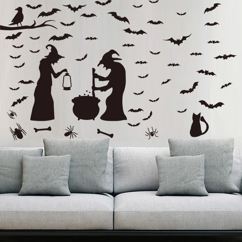 Halloween Wall Stickers PVC Waterproof Removable Witch Bat Silhouette Decals For Home Party Decoration