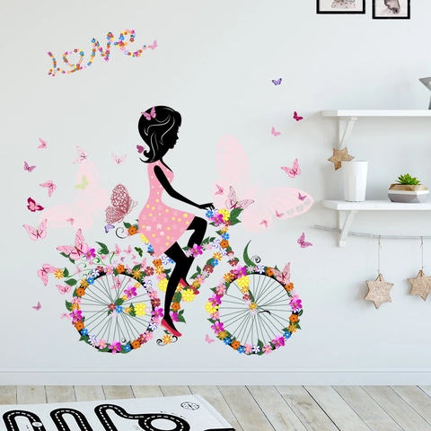 Wall Stickers PVC Waterproof Romantic Girl On Flower Bicycle Butterflies Love Art Decals For Bedroom Living Room Decor