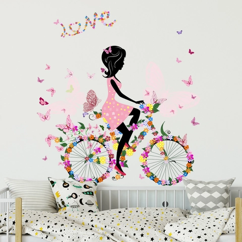 Wall Stickers PVC Waterproof Romantic Girl On Flower Bicycle Butterflies Love Art Decals For Bedroom Living Room Decor