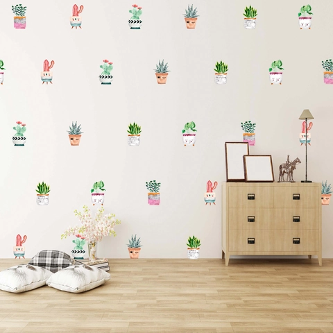 Adesivi Murali Piante Succulente in Vaso Acquerello Con Espressioni Carine Decalcomanie in PVC Impermeabile Per Decorazione Soggiorno Camera Da Letto