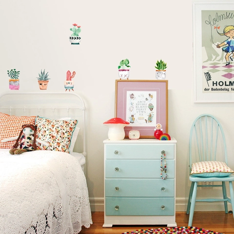 Adesivi Murali Piante Succulente in Vaso Acquerello Con Espressioni Carine Decalcomanie in PVC Impermeabile Per Decorazione Soggiorno Camera Da Letto