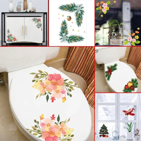 Verwijderbare Waterdichte Kerst En Bloemen Muurstickers Voor Toilet Koelkast Kast Decor Feestelijke Holiday Home Decals