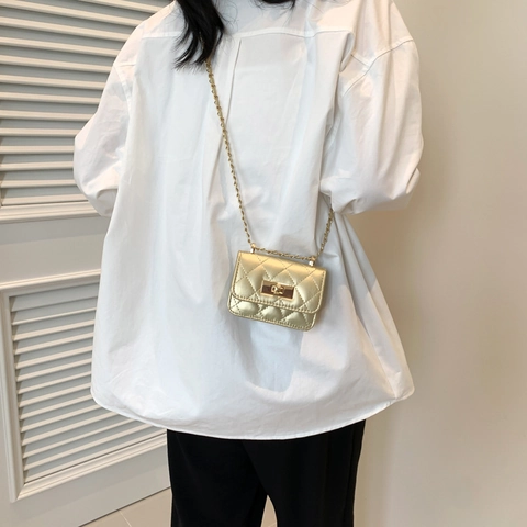 Fashion Women PU Leather Mini Quilted Rhombic Shoulder Bag Metal Chain Turn Lock Small Square Crossbody Bag Party Daily Clutch
