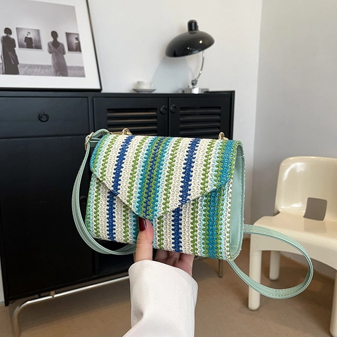 Borsa Quadrata Piccola a Righe Intrecciata di Moda Donna Borsa a Tracolla in Stile Etnico Bohémien Con Tracolla in PU Regolabile