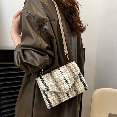 Borsa Quadrata Piccola a Righe Intrecciata di Moda Donna Borsa a Tracolla in Stile Etnico Bohémien Con Tracolla in PU Regolabile
