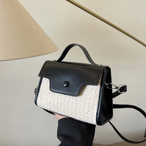 Sac à Épaule Patchwork Tissé pour Femmes Mode Cuir PU Paille Sac Bandoulière Sensation Premium Sac à Main Petit Sac Carré