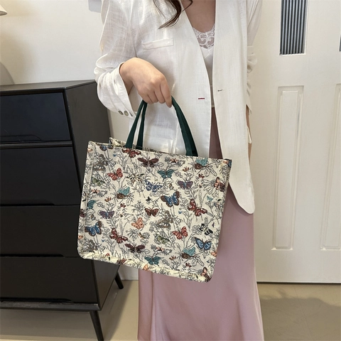 Vintage Butterfly Jacquard Tote Bag For Women Large Capacity Canvas Handbag Floral Print Shoulder Bag Daily Casual Shopping Bag