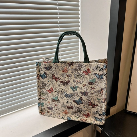Vintage Butterfly Jacquard Tote Bag For Women Large Capacity Canvas Handbag Floral Print Shoulder Bag Daily Casual Shopping Bag