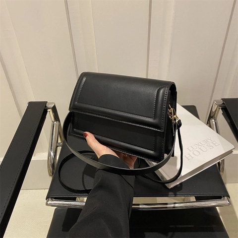 Minimalist PU Leather Small Square Crossbody Bag Women Geometric Embossed Flap Shoulder Bag Magnetic Buckle Trendy