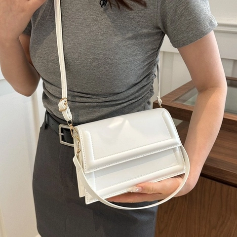 Minimalist PU Leather Small Square Crossbody Bag Women Geometric Embossed Flap Shoulder Bag Magnetic Buckle Trendy