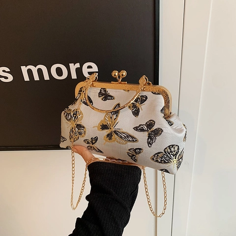 Vintage Chinesischer Stil Schmetterling Stickerei Kiss-Lock Clutch Tasche Mit Rundem Metallgriff Und Kettenriemen Für Damen Abendparty