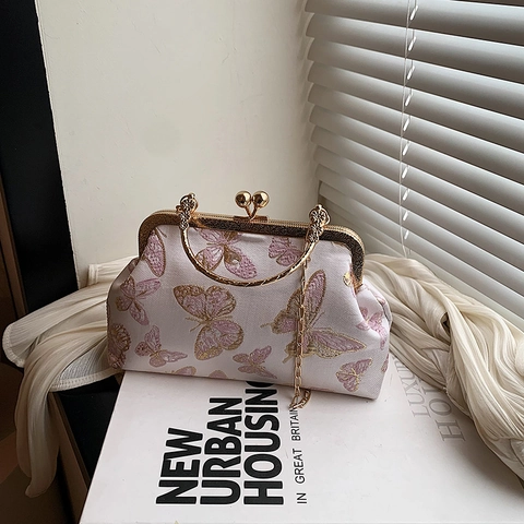 Vintage Chinesischer Stil Schmetterling Stickerei Kiss-Lock Clutch Tasche Mit Rundem Metallgriff Und Kettenriemen Für Damen Abendparty