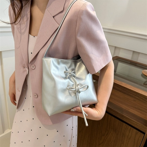 Sweet Bow Tie PU Leather Shoulder Bucket Bag Niche Design Minimalist Underarm Handbag For Women Daily Use