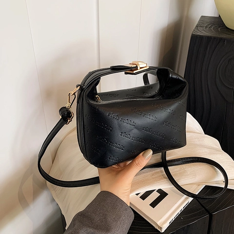 Fashion Women Synthetic Leather Letter Embossed Shoulder Bag Simple Solid Color Pillow Handbag Small Crossbody Square Bag