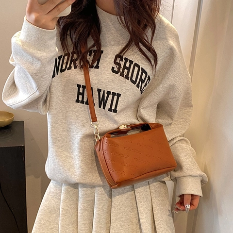 Fashion Women Synthetic Leather Letter Embossed Shoulder Bag Simple Solid Color Pillow Handbag Small Crossbody Square Bag