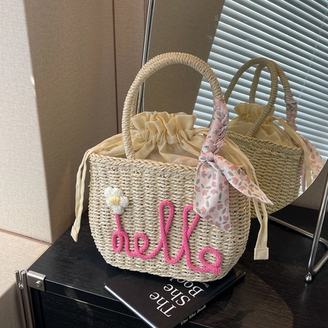 Damen Stroh Handtasche Hello Stickerei Schultertasche Mit Blume Und Schal Griff Kordelzug Sommer Strand Eimer Tasche