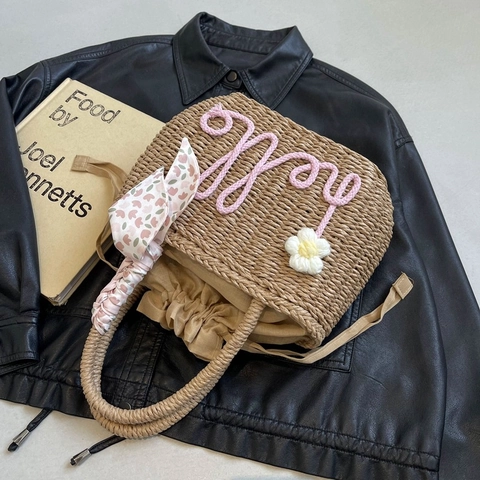 Damen Stroh Handtasche Hello Stickerei Schultertasche Mit Blume Und Schal Griff Kordelzug Sommer Strand Eimer Tasche