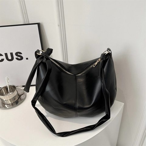 Minimalist Women PU Leather Hobo Shoulder Bag Knotted Strap Crescent Shape Solid Color Casual Office Commute