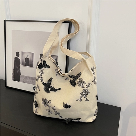 Schmetterling Stickerei Canvas Tote Bag 3D Spitze Retro Schultertasche Große Kapazität Für Frauen Lässig Täglich