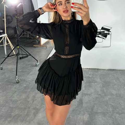 Women Fashion Hollow Out Chiffon Dress Stand Collar Long Sleeve Elegant High Waist A-Line Mini Dress Black Spring Fall