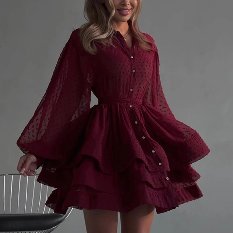 Französisches Elegantes Damen Swiss Dot Chiffon Minikleid Einreihig Revers Langarm Laternenärmel A-Linie Gestuftes Hemdkleid