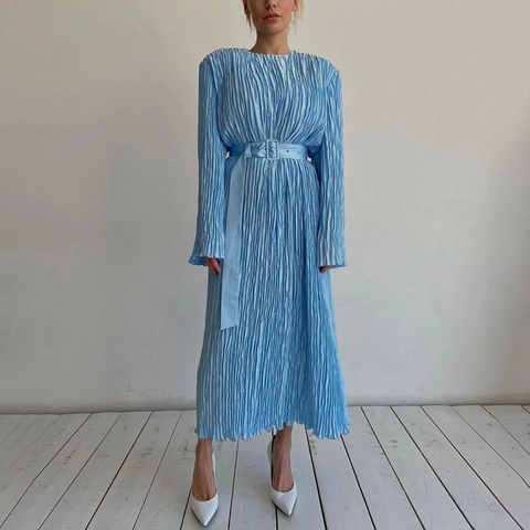 Vestido Largo Plisado Elegante Para Mujer De Manga Larga Cuello Redondo Color Sólido Vestido De Corte En A De Poliéster Con Cinturón