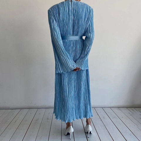 Vestido Largo Plisado Elegante Para Mujer De Manga Larga Cuello Redondo Color Sólido Vestido De Corte En A De Poliéster Con Cinturón