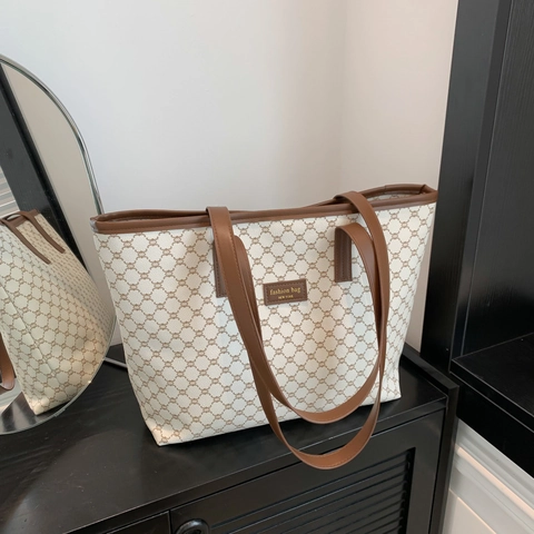 Bolso Tote de Gran Capacidad Con Monograma Vintage Para Mujer Bolso de Hombro de Cuero PU Para Uso Diario Oficina