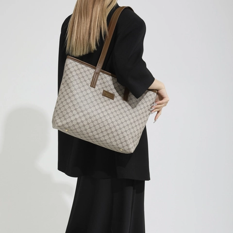 Bolso Tote de Gran Capacidad Con Monograma Vintage Para Mujer Bolso de Hombro de Cuero PU Para Uso Diario Oficina