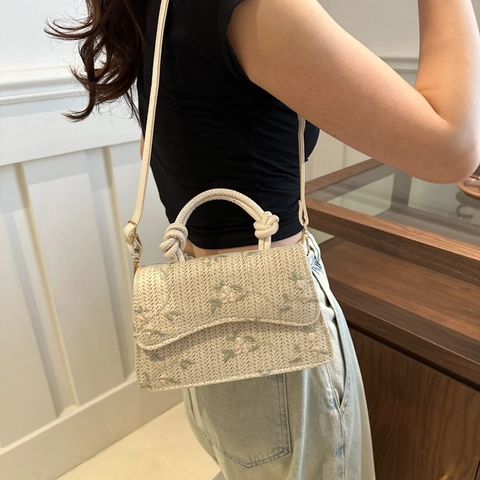 Women Elegant Floral Embroidery Woven Small Square Bag Knotted Handle PU Leather Strap Shoulder Crossbody Handbag For Summer