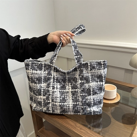 Sac Fourre-Tout En Tweed À Carreaux Pour Femmes Sac À Épaule À La Mode Motif Grille Sac Sous L'Aisselle