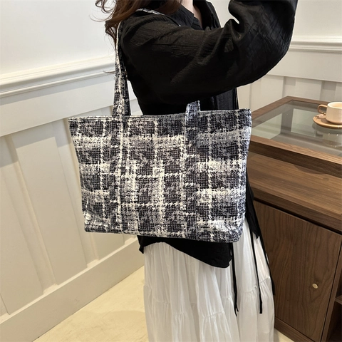 Sac Fourre-Tout En Tweed À Carreaux Pour Femmes Sac À Épaule À La Mode Motif Grille Sac Sous L'Aisselle