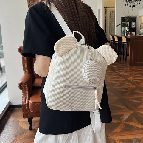 Cute Bear Ears Corduroy Backpack For Women Teens Mini Casual School Bag With Detachable Round Coin Purse Travel Daypack