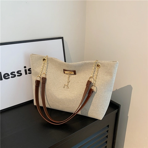 Vintage Canvas Tote Bag Voor Vrouwen Grote Capaciteit Schoudertas Met PU Leren Kettingriem En Metalen Hert Hanger