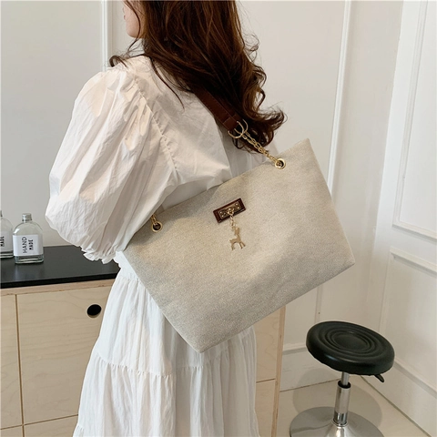 Vintage Canvas Tote Bag Voor Vrouwen Grote Capaciteit Schoudertas Met PU Leren Kettingriem En Metalen Hert Hanger