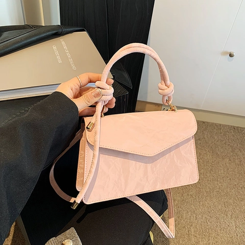 Fashion Pleated PU Leather Shoulder Bag With Knot Handle Gold Hardware Flap Crossbody Bag Minimalist Square Bag