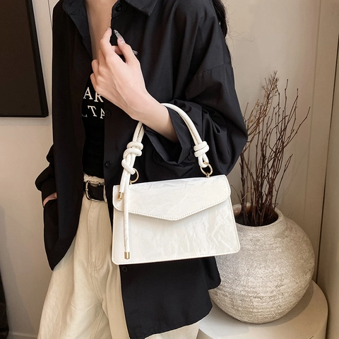 Fashion Pleated PU Leather Shoulder Bag With Knot Handle Gold Hardware Flap Crossbody Bag Minimalist Square Bag