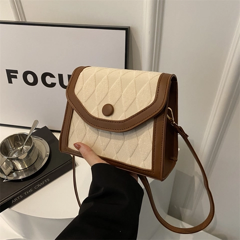 Borsa A Tracolla Trapuntata Donna Pelle PU Tessuto Motivo A Rombi Colore A Contrasto Retro Piccola Borsa A Spalla Chic