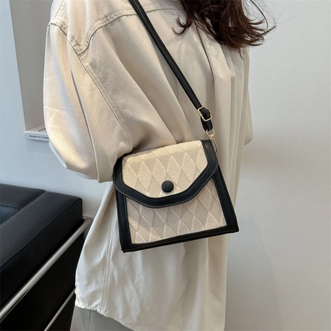 Borsa A Tracolla Trapuntata Donna Pelle PU Tessuto Motivo A Rombi Colore A Contrasto Retro Piccola Borsa A Spalla Chic