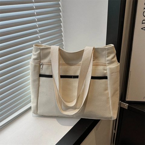 Borsa Tote In Tela Minimalista Grande Capacità Tasche Multiple Striscia A Contrasto Borsa A Spalla Casual Per Donna