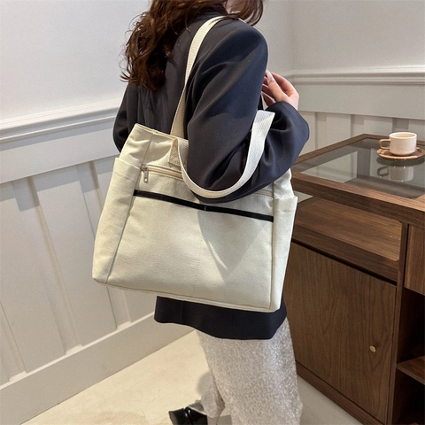 Borsa Tote In Tela Minimalista Grande Capacità Tasche Multiple Striscia A Contrasto Borsa A Spalla Casual Per Donna