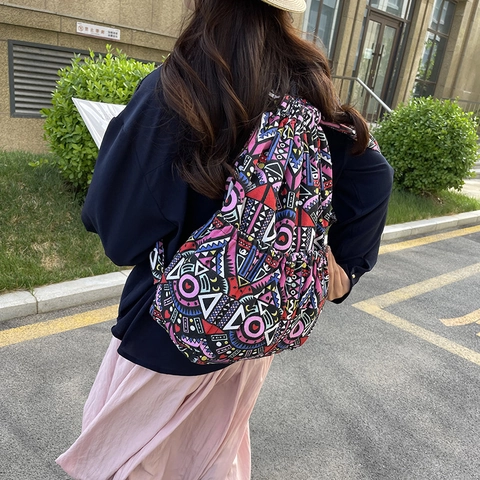 Ethnic Geometric Print Drawstring Backpack Canvas Large Capacity Bucket Bag For Women Casual Travel Lightweight