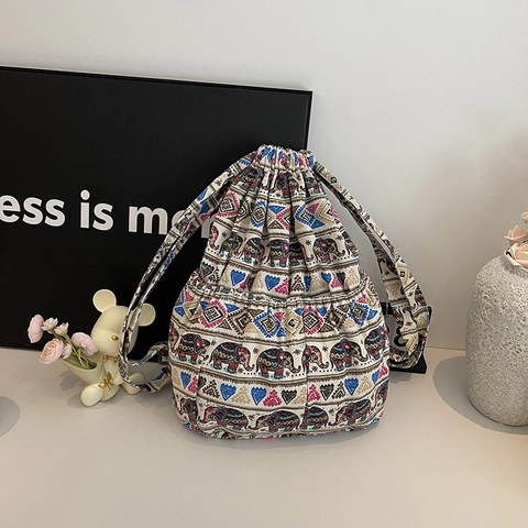 Ethnic Geometric Print Drawstring Backpack Canvas Large Capacity Bucket Bag For Women Casual Travel Lightweight