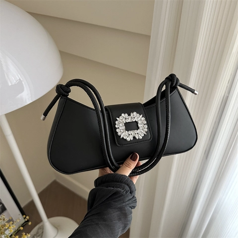Elegant Women PU Leather Underarm Bag With Square Rhinestone Buckle Fashion Baguette Shoulder Bag For Party Wedding Daily