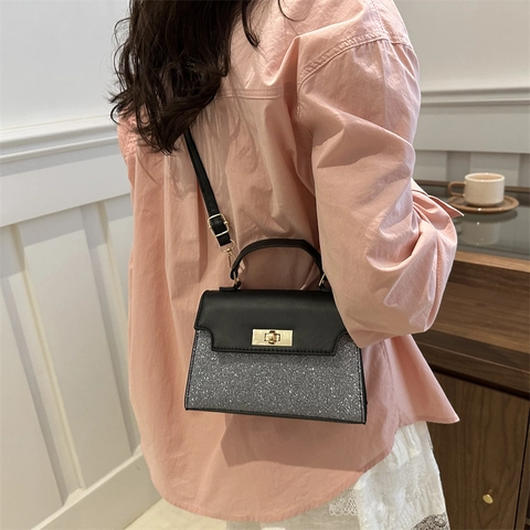 Fashion Contrast Color Glitter PU Leather Mini Square Bag For Women Luxury Handbag Shoulder Crossbody Bag With Metallic Lock
