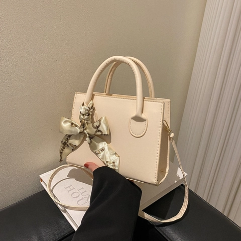 Women Fashion PU Leather Small Square Bag With Satin Scarf Decor Minimalist Crossbody Shoulder Bag For Daily Commute