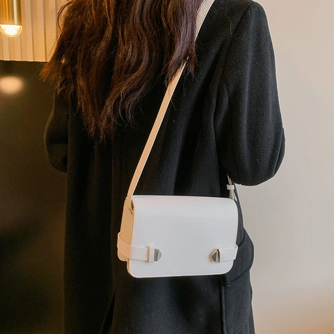 Small Square Crossbody Bag PU Leather Flap Magnetic Snap Decorative Straps Adjustable Shoulder Strap For Women Trendy
