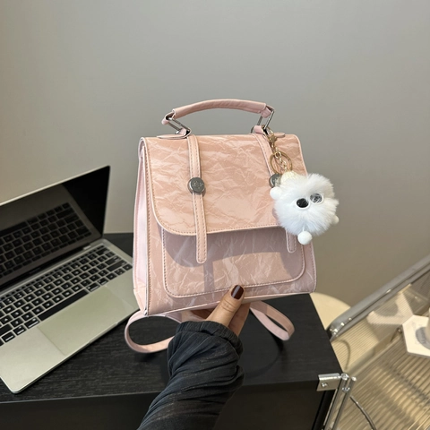 Women Fashion Backpack Crinkled PU Leather Korean Style Magnet Buckle Schoolbag For Students With Plush Charm
