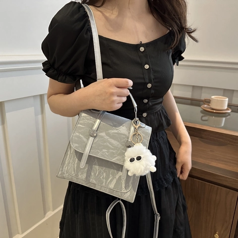 Women Fashion Backpack Crinkled PU Leather Korean Style Magnet Buckle Schoolbag For Students With Plush Charm