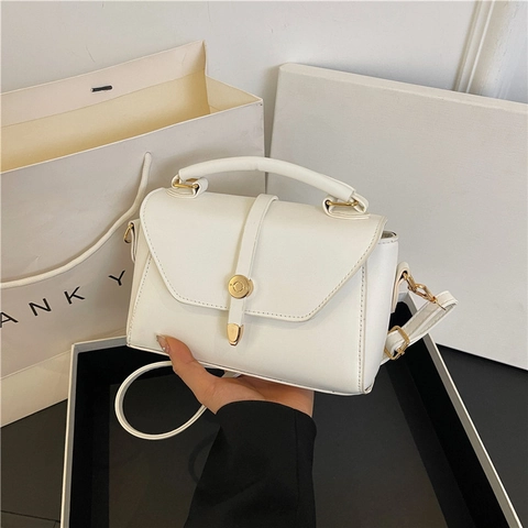 Women Small Shoulder Bag PU Leather Flap Crossbody Minimalist Fashion Handbag With Top Handle Gold Buckle